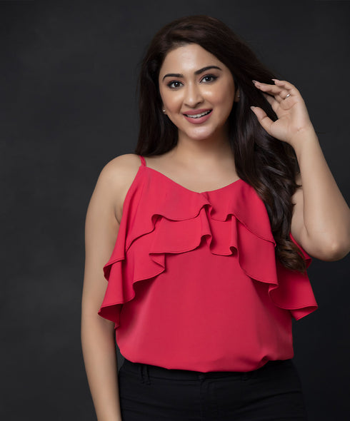 Double Frilled Chiffon Hot-Pink Top